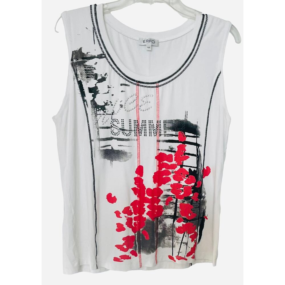 ERFO SLEEVELESS TANK TOP, WOMENS, 14/16 (ERFO 44) WHITE, W/ RED & BLACK GRAPHICS